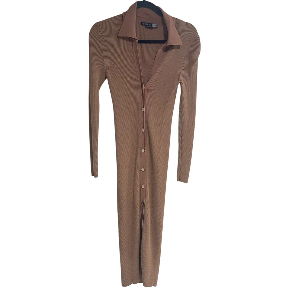 Alice + Olivia Alcina Long Sleeve Ribbed Button Down Midi Dress Camel - Picture 3 of 10